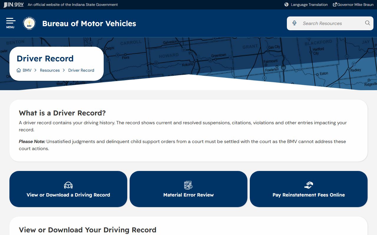 Martin County traffic court records Indiana BMV driver record page